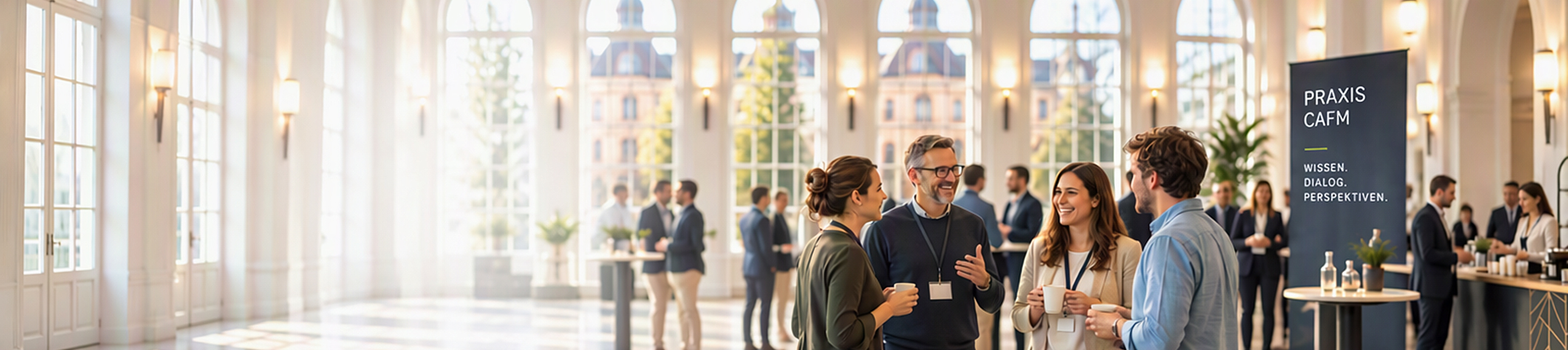 Teilnehmende im Gespräch auf der PRAXIS CAFM – Gemeinsam mehr bewegen. Fachvorträge, Workshops, Networking.